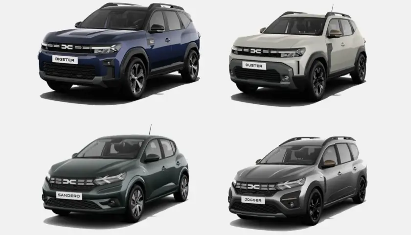 Cztery modele Dacia: Bigster, Duster, Sandero i Jogger. Wyobraź sobie, że to ich wersje dacia hybryda, gotowe na przyszłość.