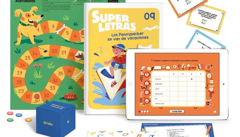 Juego de mesa "Animaladas" con un tablero de recorrido, un dado de pronombres y tarjetas con ejercicios de lengua. Una tablet muestra un juego interactivo de completar palabras.