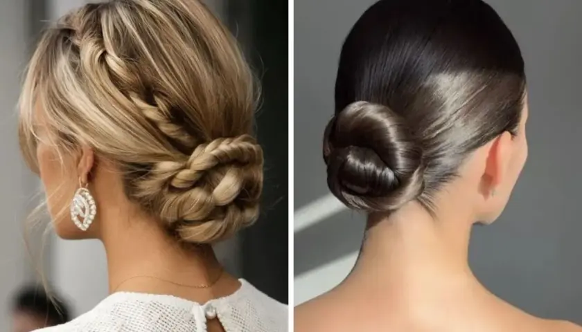 Dos recogidos elegantes, uno trenzado y otro liso, perfectos para una invitada de boda.