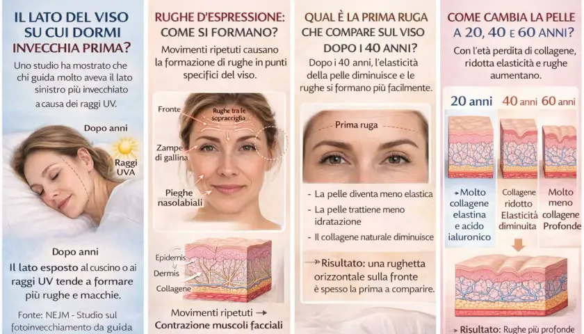 Il viso mostra rughe d'espressione come zampe di gallina e pieghe nasolabiali, causate da movimenti ripetuti e perdita di collagene con l'età.