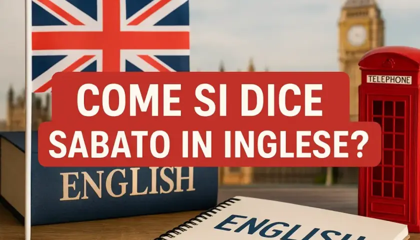 Impara come si scrive sabato in inglese con questa immagine a tema britannico, che include la Union Jack, un libro di inglese e una cabina telefonica rossa.