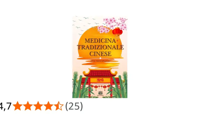 Copertina di un libro sulla medicina tradizionale cinese, con un sole arancione, fiori di ciliegio, lanterne rosse e un cancello tradizionale.