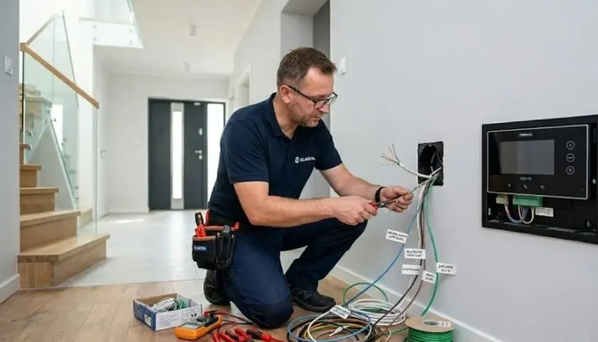 Elektryk przygotowuje jaki przewód do domofonu, podłączając kable do panelu w nowoczesnym wnętrzu z widocznymi schodami.