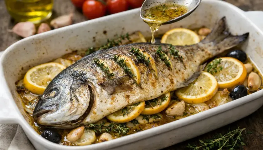 Dorade royale entière, garnie de rondelles de citron et de thym, arrosée d'une sauce savoureuse. Un délice de dorade royale plancha.