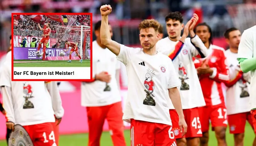 Piłkarze Bayernu świętują, jeden z nich podnosi pięść. W tle widać fragment z informacją "Der FC Bayern ist Meister!", sugerującą sukcesy w Pucharze Niemiec – statystyki.