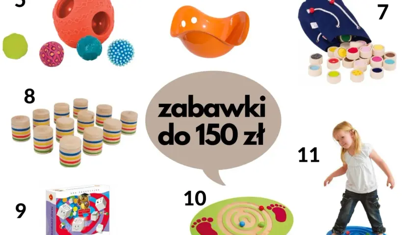 Kolaż zabawek sensorycznych dla dzieci: piłki, klocki, gra planszowa, huśtawka i dziewczynka na platformie balansującej.
