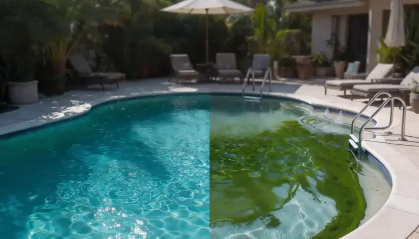 Vorher-Nachher-Vergleich eines Pools: Links klares, blaues Wasser, rechts starker Befall mit grünen Algen im Pool.