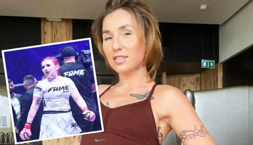 Marta Linkiewicz w stroju FAME MMA, gotowa do walki. W tle widać ekipę filmową, a na pierwszym planie Marta w sportowym topie.