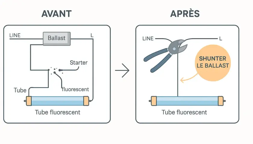 Schéma avant/après montrant comment supprimer le ballast d'un tube fluorescent pour le remplacer par un tube LED.