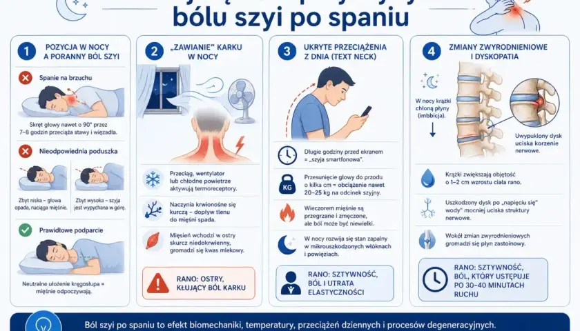 Ból szyi po spaniu: zła pozycja, przeciążenia (np. "szyja smartfonowa"), zmiany zwyrodnieniowe. Zadbaj o prawidłowe podparcie i unikaj chłodu, by ulżyć szyi.