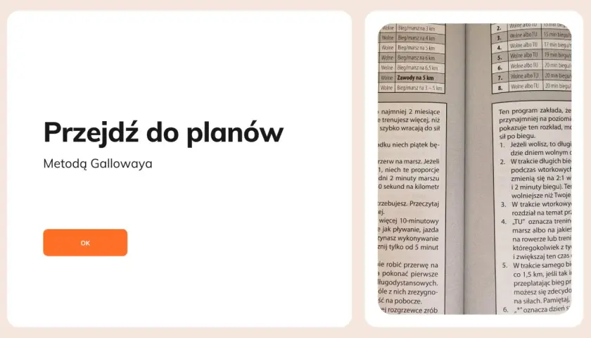 Plan treningowy bieganie 5 km metodą Gallowaya. Tabela zawiera propozycje treningów, np. "Wolne Bieg/marsz na 5 km".