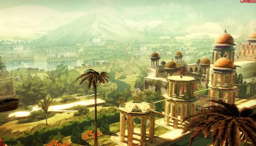 Widok na miasto z gry Assassin's Creed Chronicles India. Architektura z kopułami, palmy i góry w tle.