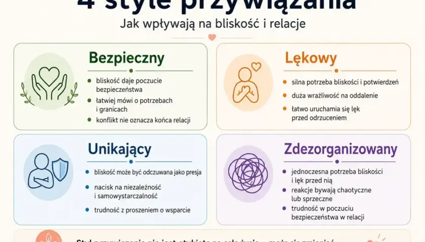 Styl unikający przywiązania: bliskość jako presja, nacisk na niezależność, trudność w proszeniu o wsparcie.