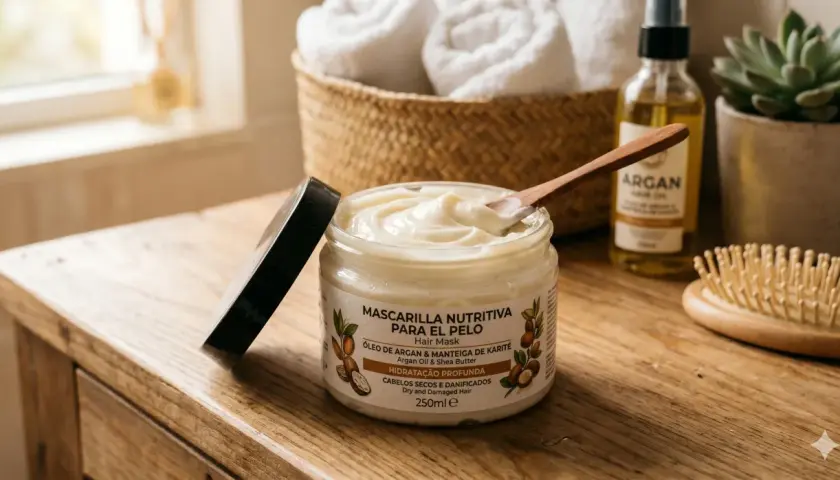 Tarro de mascarilla nutritiva para el pelo, ideal para saber como aplicar mascarilla pelo. Incluye aceite de argán y manteca de karité.