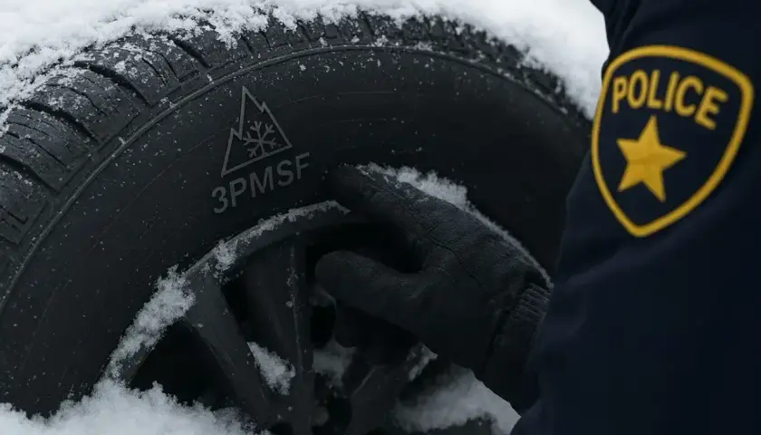 Policjant sprawdza oznaczenie 3PMSF na oponie w śniegu. Czy w Niemczech można jeździć na oponach wielosezonowych?