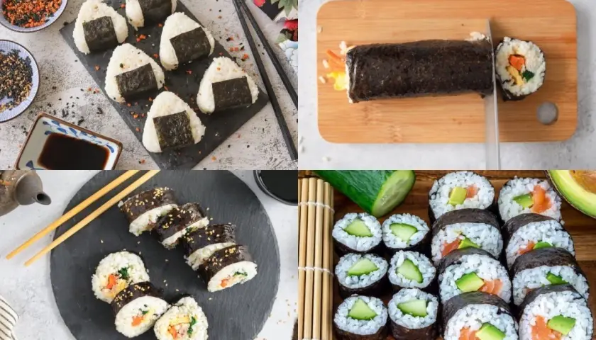 Onigiris y rollos de sushi, algunos con alga nori en el mar, listos para disfrutar.