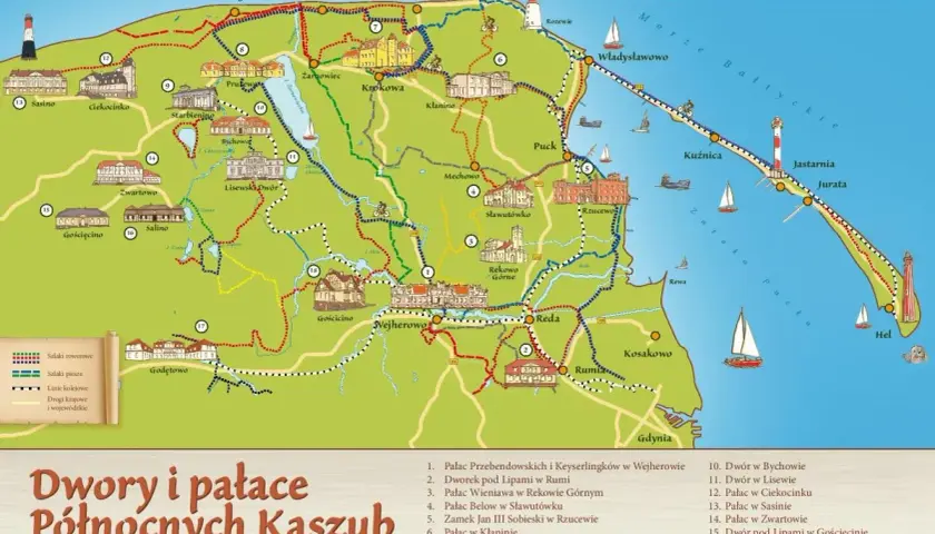 Mapa turystyczna prezentująca dwory i pałace na Kaszubach Północnych, z zaznaczonymi szlakami rowerowymi, pieszymi i kolejowymi.