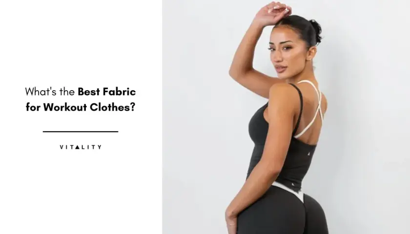 A woman models workout clothes, highlighting the importance of the right sports clothing material for comfort and performance.