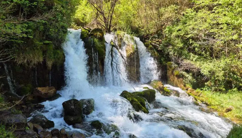 Persona de pie junto a una cascada en un acantilado rocoso rodeado de vegetación verde.