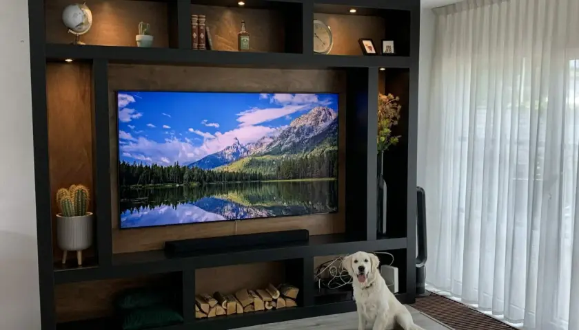 Ein Hund sitzt vor einer selbstgebauten TV-Wand mit vielen Fächern, die mit Deko, Büchern und Holz gefüllt sind.