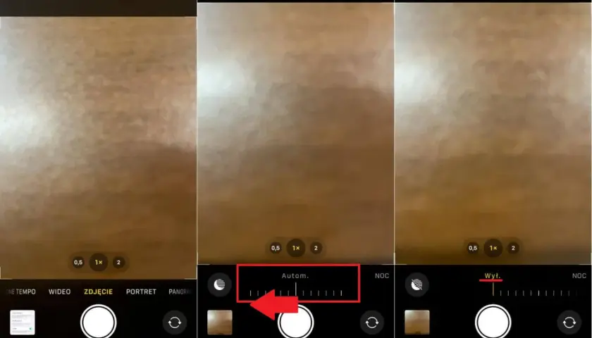 Trzy ekrany iPhone'a pokazujące ustawienia trybu nocnego. Na pierwszym widać ikonę trybu nocnego, na drugim suwak "Autom.", a na trzecim "Wył.".