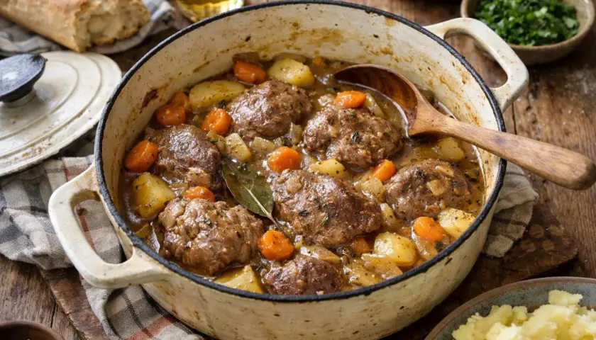 Un plat mijoté de joue de porc au cidre, avec des pommes de terre et des carottes, servi dans une cocotte en fonte.
