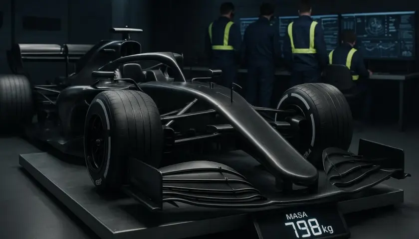 Czarny bolid F1 na wadze pokazuje, ile waży bolid F1: 798 kg. Zespół inżynierów analizuje dane.