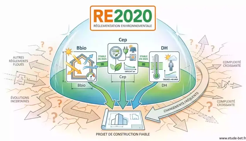 Schéma RE2020 : Bbio, Cep, DH influencent un projet de construction fiable, malgré complexité et incertitudes.