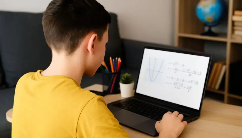 Chłopiec z pokolenia Alfa uczy się matematyki online. Na ekranie laptopa widać wykres funkcji i równania.