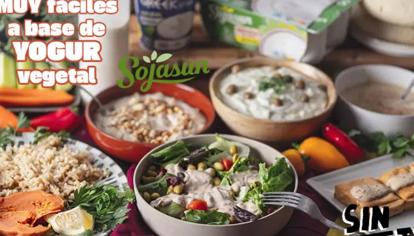Varias salsas de yogur vegana, saludables y deliciosas, acompañan ensaladas, arroz y boniato.