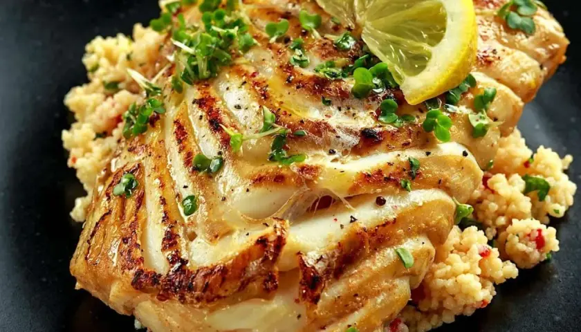 Un délicieux filet de poisson au barbecue, grillé à la perfection, servi sur un lit de couscous et garni de pousses fraîches et d'une tranche de citron.