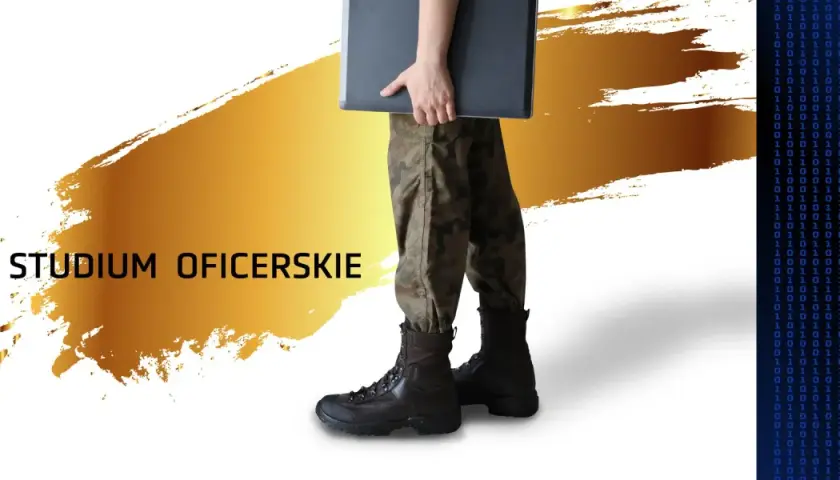 Osoba w mundurze wojskowym z teczką, tekst "Studium Oficerskie". Dowiedz się, jak zostać oficerem wojska po studiach cywilnych.