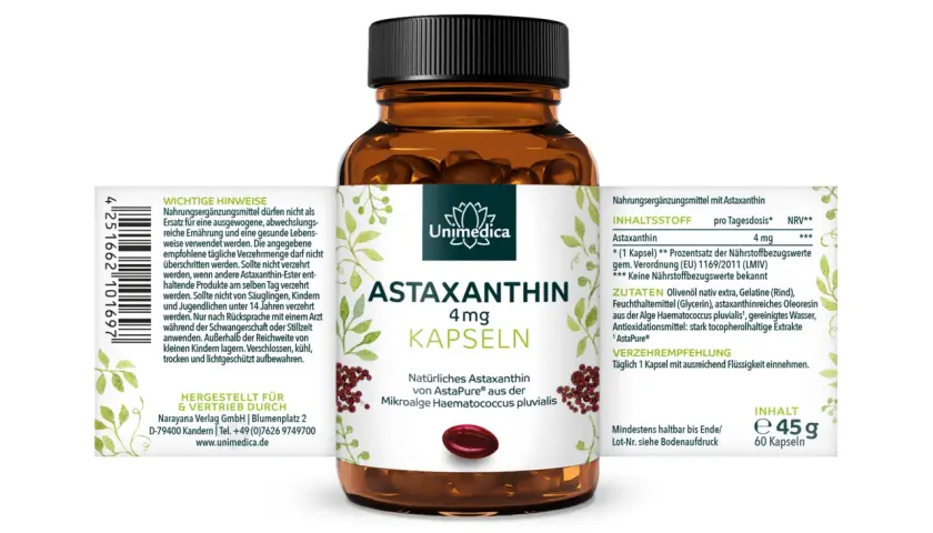 Unimedica Astaxanthin 4mg Kapseln: Natürliches Astaxanthin von AstaPure®. Die empfohlene Astaxanthin Dosierung ist täglich 1 Kapsel.
