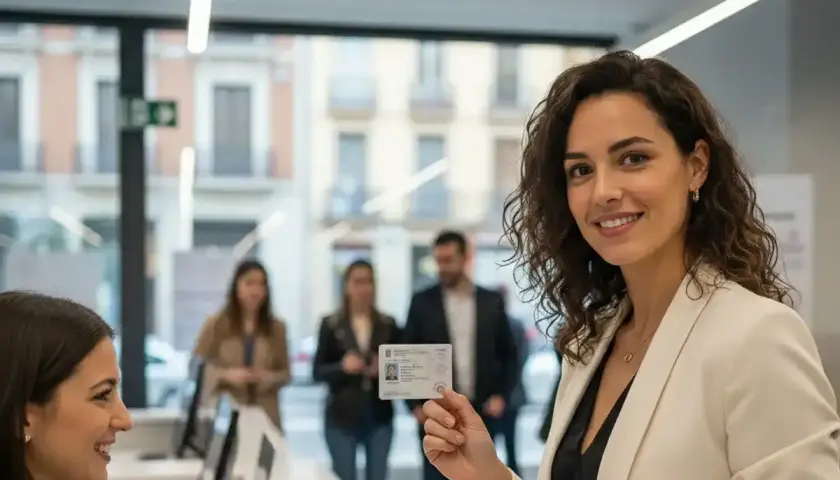 Mujer sonríe mostrando su DNI para firmar con certificado digital. En el fondo, otras personas esperan.