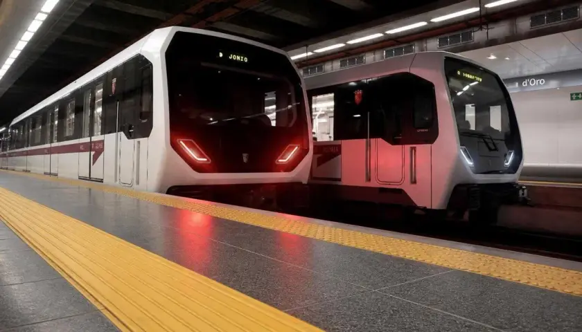 Due treni moderni fermi in banchina alla metropolitana Laurentina, pronti a partire.