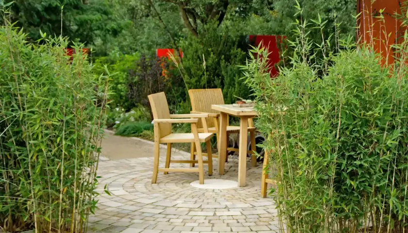 Ein lauschiges Plätzchen im Garten, umgeben von üppigem Bambus. Holzmöbel laden zum Verweilen ein.