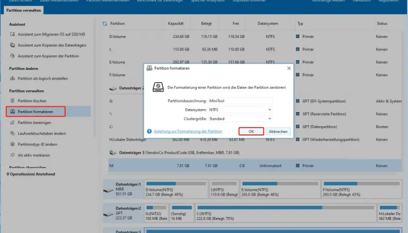 Dialogfeld "Partition formatieren" in MiniTool Partition Wizard. Warnung: Daten gehen verloren. OK zum Fortfahren.