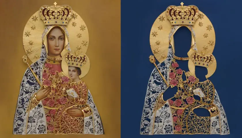 Dwie wersje ikony Matki Boskiej z Dzieciątkiem, ukazujące, jak wyglądała Maryja w bogatych szatach i koronach, ozdobione różami.