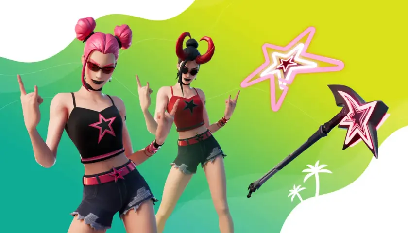 Dwie postacie w letnich strojach, jedna z różowymi kucykami, druga z rogami. Obok nich neonowa gwiazda i topór. To plażowa wiedźma Fortnite!