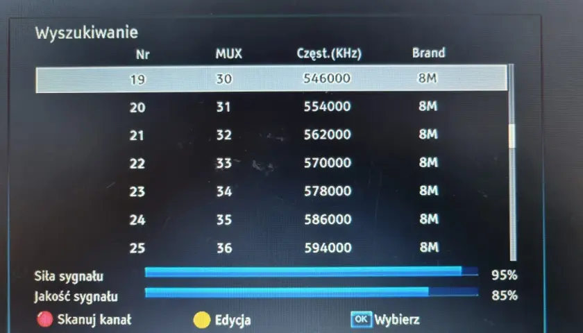 Ekran telewizora pokazuje menu "Wyszukiwanie", gdzie można sprawdzić, jak wyszukać kanały z anteny pokojowej. Widoczne są parametry sygnału i częstotliwości.