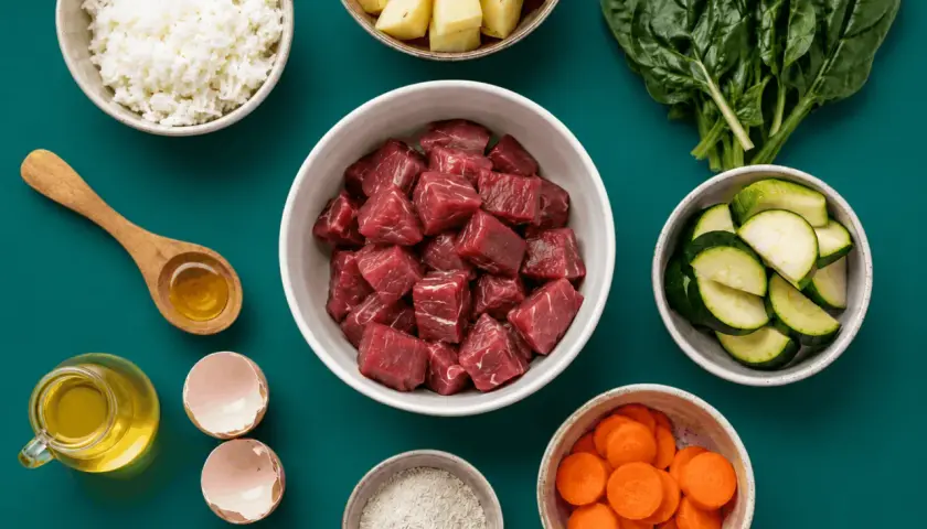 Zutaten für hundefutter selber kochen: Rindfleischwürfel, Reis, Kartoffeln, Zucchini, Karotten, Spinat, Eierschalen, Öl und Mehl.