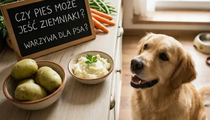 Złoty retriever z zaciekawieniem patrzy na miseczkę z puree ziemniaczanym. Tabliczka obok pyta: "Czy pies może jeść ziemniaki?".