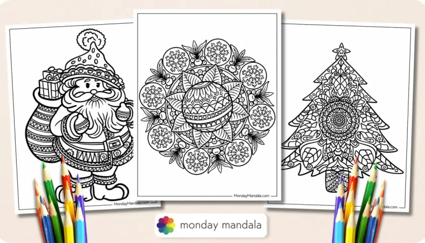 Páginas de mandala navidad para colorear: Papá Noel, un adorno festivo y un árbol de Navidad, listos para ser llenados de color.