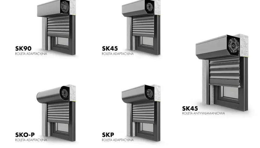 Przekroje różnych modeli obudowy rolety zewnętrznej: SK90, SK45 adaptacyjna, SKO-P, SKP adaptacyjna i SK45 antywłamaniowa.