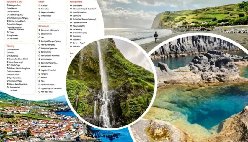 Atemberaubende Azoren-Landschaften: Wasserfall, Küste, Felsen. Packliste für Ihre Azoren Reisetipps: Kleidung, Schuhe, Kulturbeutel, Reiseapotheke.