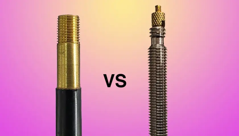 Schrader vs. Presta valve stems, a cyclist's dilemma. The gold Schrader on the left, the silver Presta on the right.
