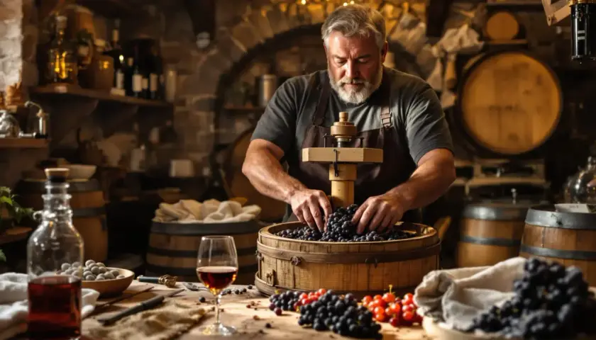 Un vigneron prépare des raisins pour une recette de vin rouge. Des tonneaux et une carafe de vin rouge complètent la scène.