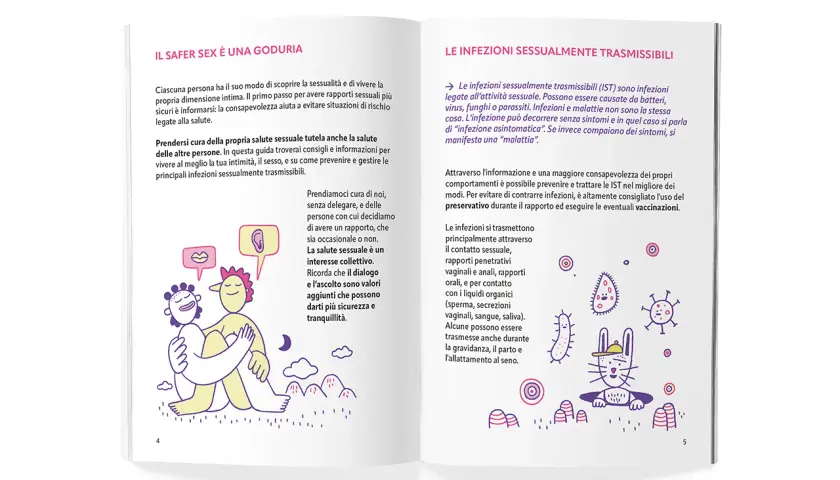 Illustrazione di due persone che si abbracciano, con icone di labbra e orecchio. Un invito a prendersi cura della propria salute sessuale e a fare sesso in modo consapevole.