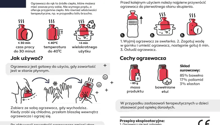 Ogrzewacz do rąk z blaszka: po przełamaniu dysku w środku, płyn krystalizuje, wydzielając ciepło. Wielokrotnego użytku.