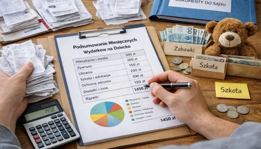 Podsumowanie miesięcznych wydatków na dziecko, w tym faktury do alimentów na kogo. Kalkulator, rachunki i wykres kołowy pokazują koszty.